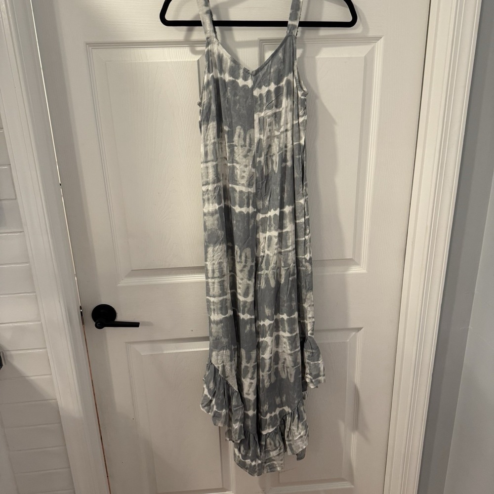 Japna Gray & White Jumpsuit Overalls Romper w/ Pockets Ruffles Women's Sz S Boho